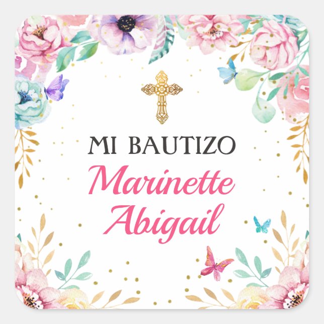 Mariposas Chicas del bautismo y flores rosas Square Sticker (Front)