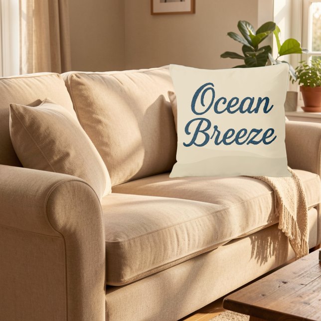 Maritime beige & Navy Blue Script ocean breeze  Cushion (Creator Uploaded)