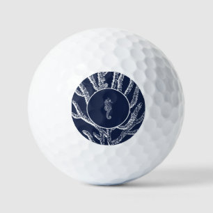 Maritime Charm: Blue & White Coral and Seahorse Golf Balls