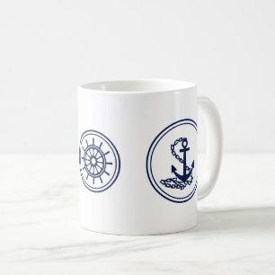 Maritime Coffee Mug, Blue Anchor And Ship's Wheel Mug