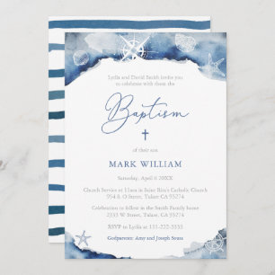 Maritime Indigo Watercolor Boy Baptism Party Invitation