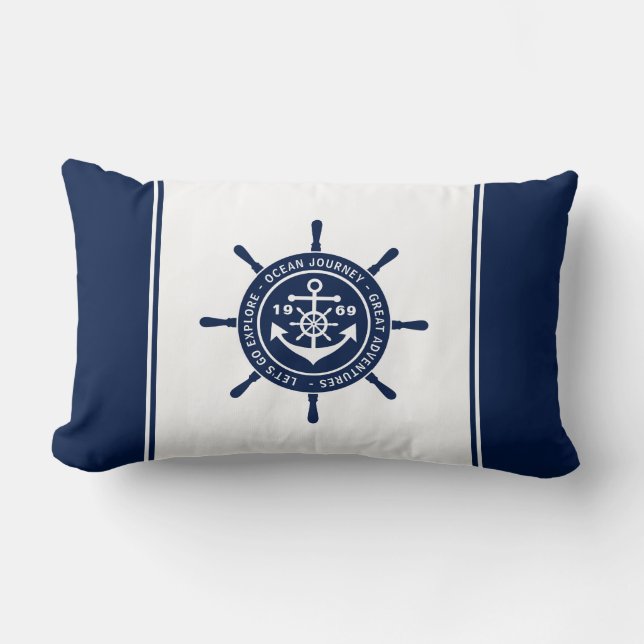 Maritime | Nautical, Blue and White, Anchor Lumbar Cushion (Front)