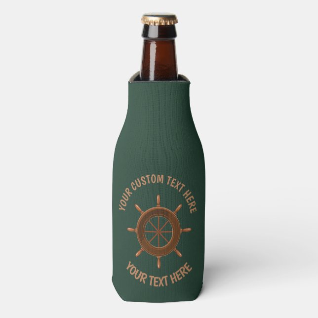 Maritime Nautical Wooden Helm Forest Green Bottle Cooler (Bottle Front)