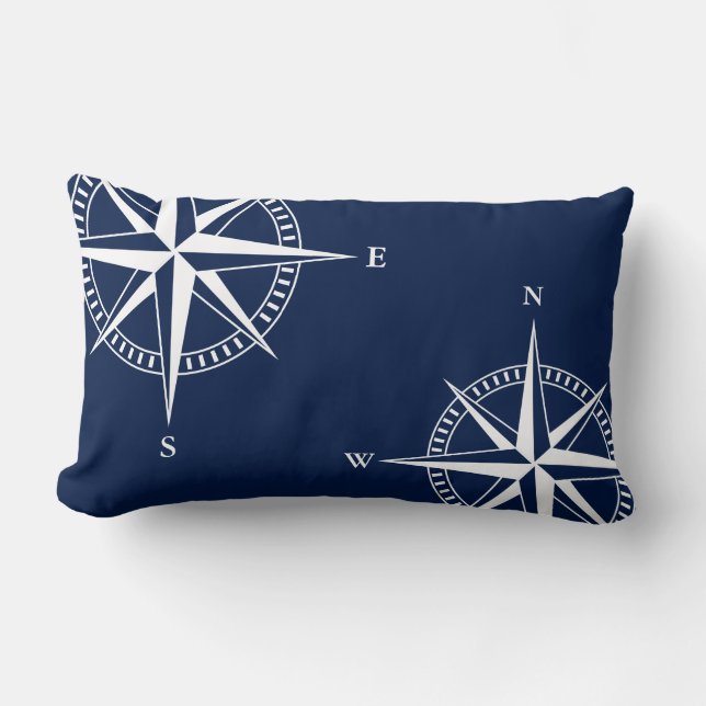 Maritime Odyssey: Blue & White Compass Nautical Lumbar Cushion (Front)