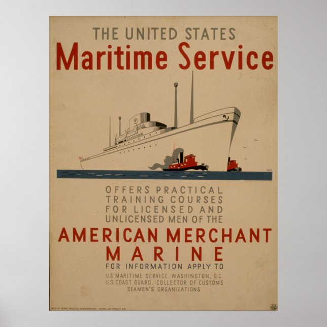 Maritime Service Large Ship With Tugboats WPA Poster (Front)