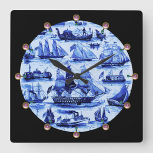 MARITIME,VINTAGE SHIPS,SAILING VESSELS,Navy Blue Square Wall Clock