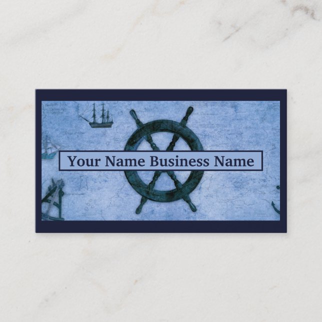 Maritime Vintage Wood Helm Custom Blue Business Card (Front)