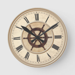 Maritime Vintage Wood Helm  Round Clock