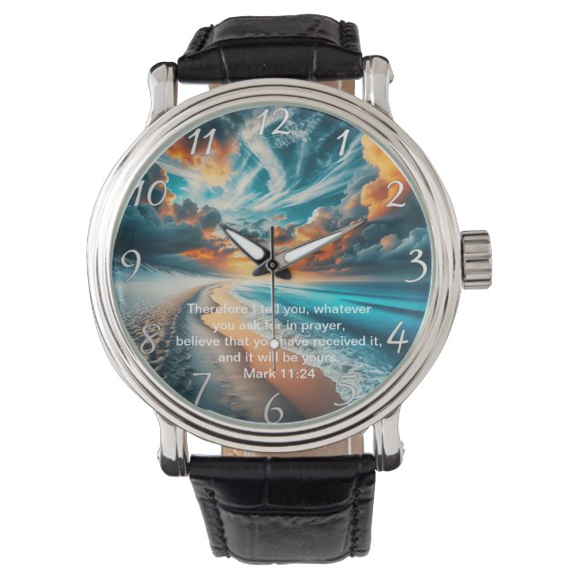 Mark 11:24 Cross Sunset Ocean Faith Watch (Front)