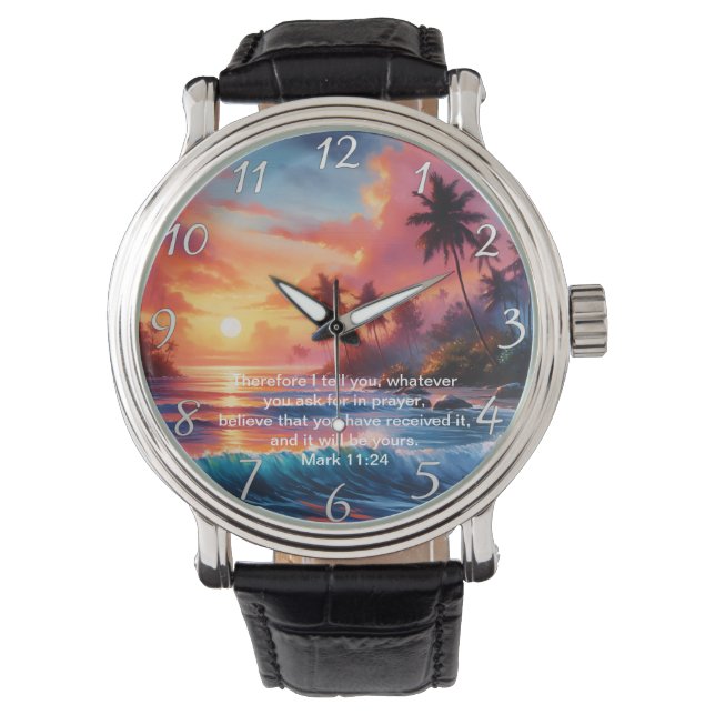 Mark 11:24 Inspiring Cross Sunset Ocean Watch (Front)