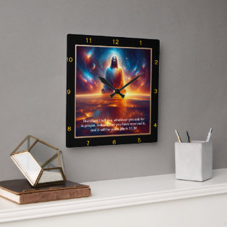 Mark 11:24 Jesus Glowing Against Celestial Sunset  Square Wall Clock