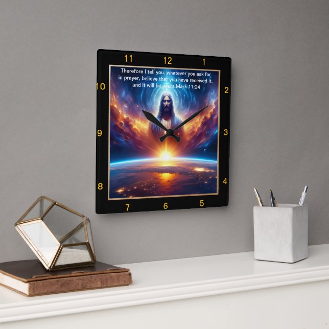 Mark 11:24 Jesus Illuminated in Cosmic Sunset Square Wall Clock (Office)