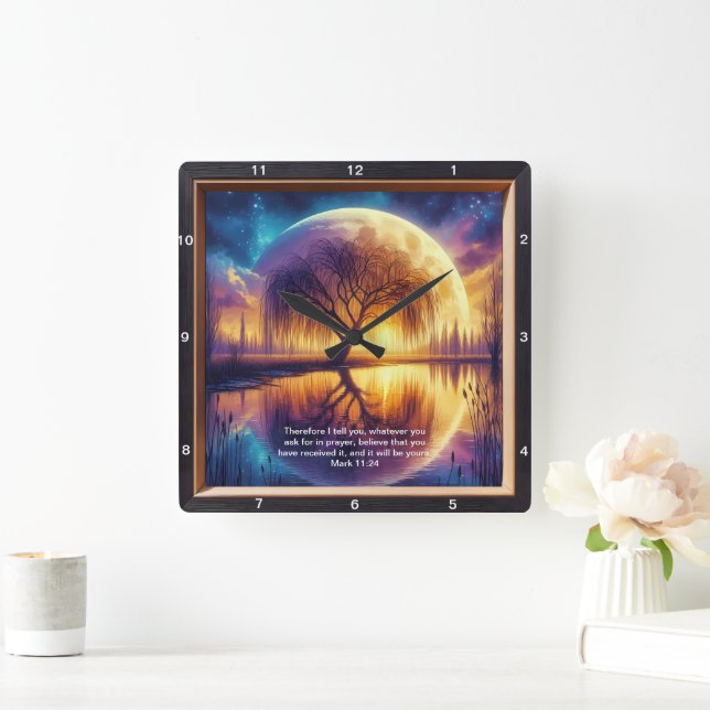 Mark 11:24 Strength: Personalised Scripture Art Square Wall Clock (Home)