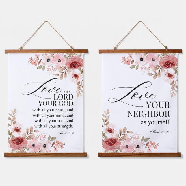 Mark 12:30-31 Inspirational Bible Verses Floral Hanging Tapestry (Double)