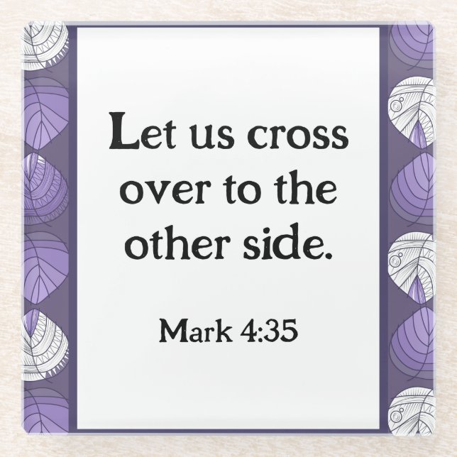Mark 4:35 Fish Head Leaves Lilac  Glass Coaster (Front)