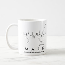Mug featuring the name Mark spelled out in the single letter amino acid code