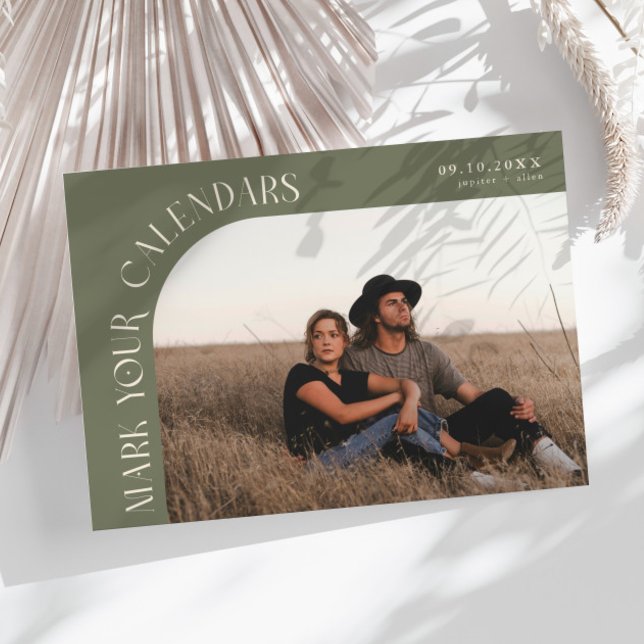 Mark Your Calendars Sage Green Curved Frame Photo Save The Date (Creator Uploaded)