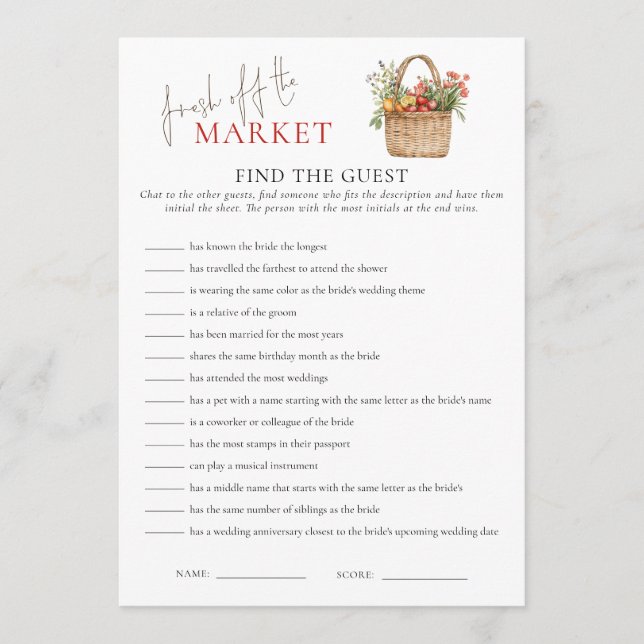 Market Find the Guest Bridal Shower Game Card (Front)