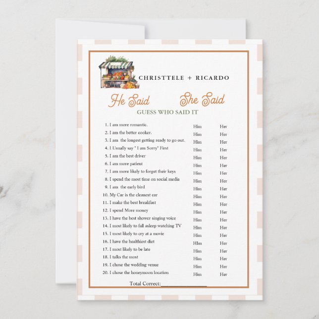 Market  He said she said Bridal shower game card (Front)