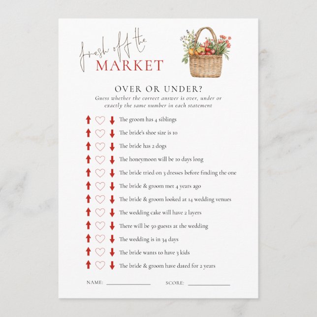 Market Over or Under Bridal Shower Game Card (Front)