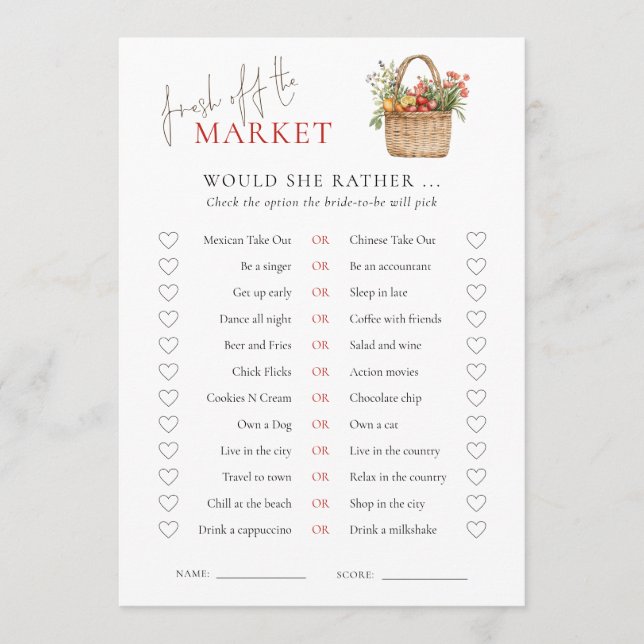 Market Would She Rather Bridal Shower Game Card (Front)