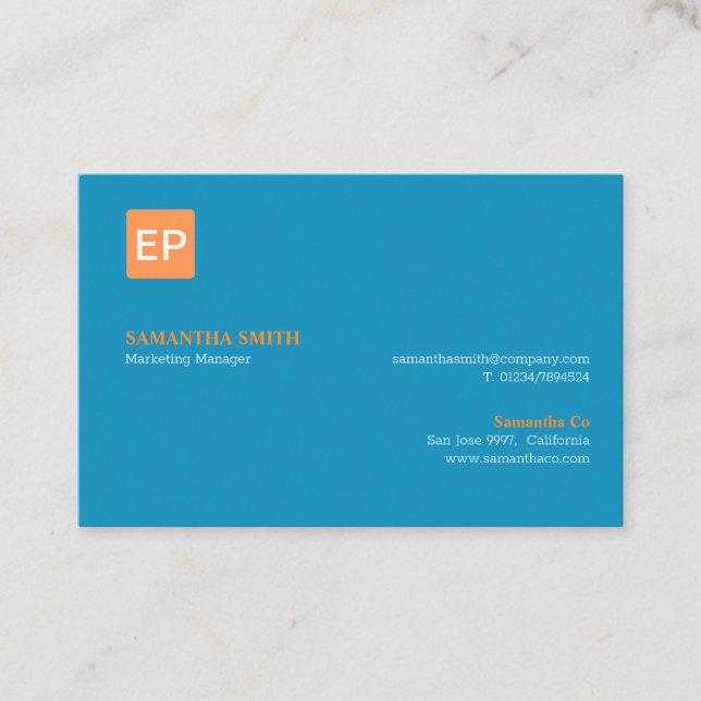 Marketing Manager Blue and Orange Euro Business Card (Front)