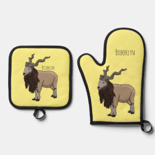 Markhor goat cartoon illustration oven mitt & pot holder set