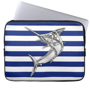 Marlin Fish Chrome on Nautical Stripes Laptop Sleeve