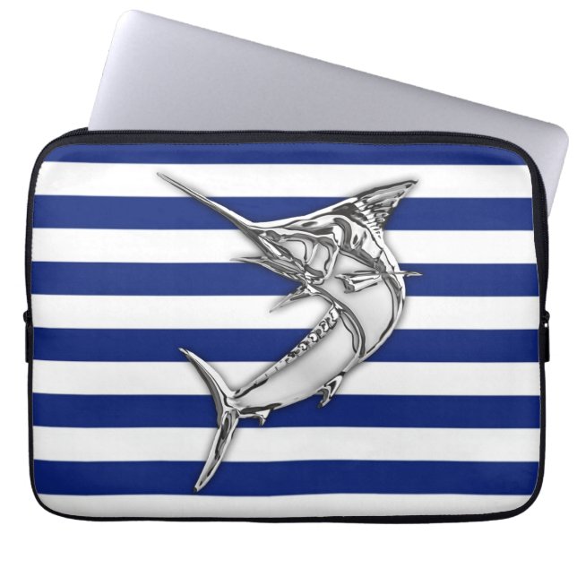 Marlin Fish Chrome on Nautical Stripes Laptop Sleeve (Front)