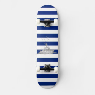 Marlin Fishing Chrome on Nautical Stripes Skateboard