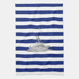 Marlin Fishing Chrome on Nautical Stripes Tea Towel