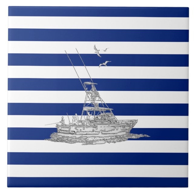 Marlin Fishing Chrome on Nautical Stripes Tile (Front)