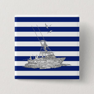 Marlin Fishing Chrome on Navy Stripes 15 Cm Square Badge