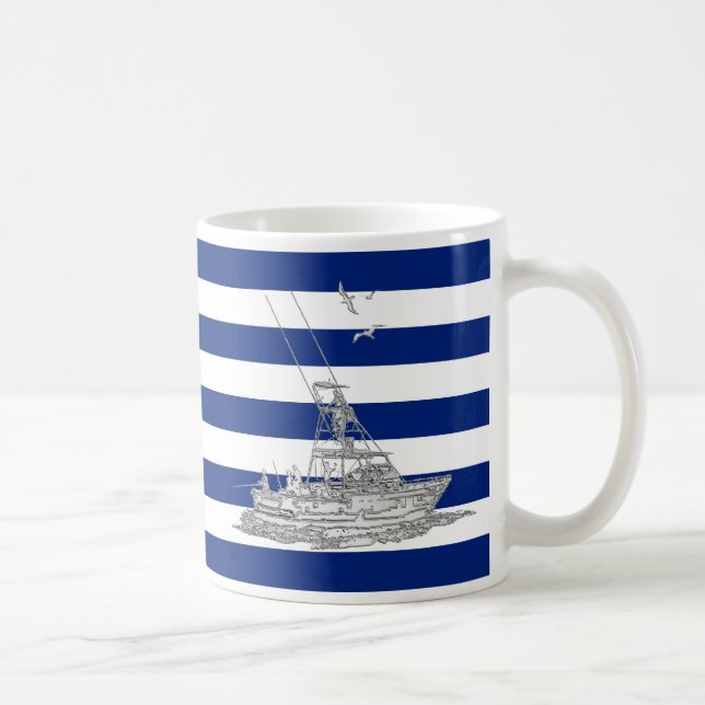 Marlin Fishing Chrome on Navy Stripes Coffee Mug (Right)