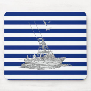 Marlin Fishing Chrome on Navy Stripes Mouse Mat