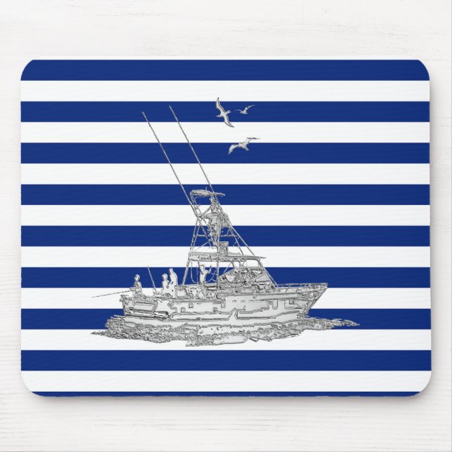 Marlin Fishing Chrome on Navy Stripes Mouse Mat (Front)