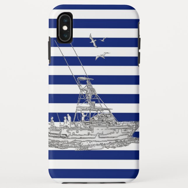 Marlin Fishing Silver on Nautical Stripes Case-Mate iPhone Case (Back)