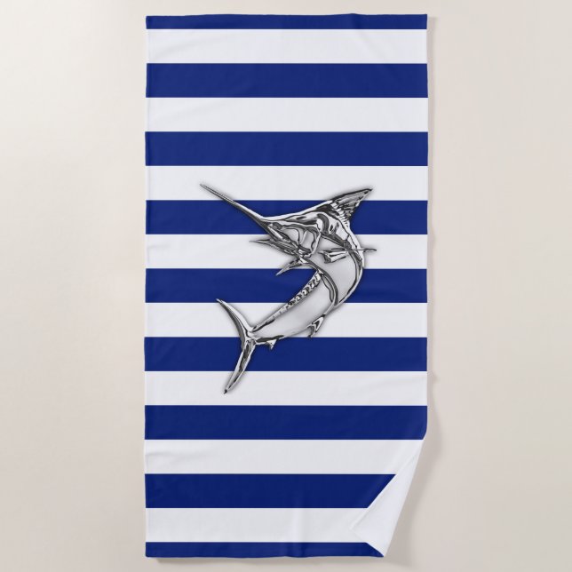 Marlin Fishing Silver on Nautical Stripes Decor Beach Towel (Front)