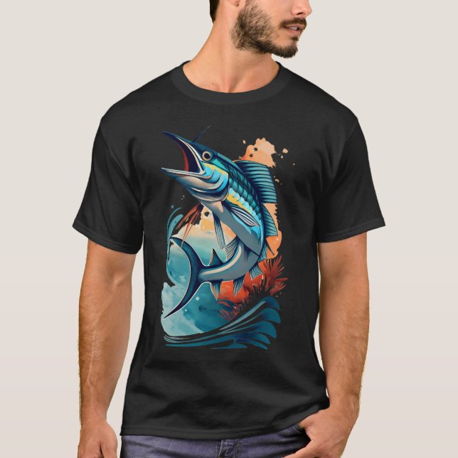 Marlin leaping above ocean waves T-Shirt (Front)