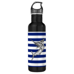 Marlin Swordfish Chrome on Nautical Stripes 710 Ml Water Bottle