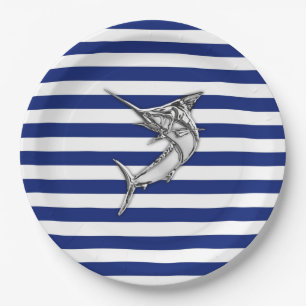 Marlin Swordfish Chrome Style on Nautical Stripes Paper Plate
