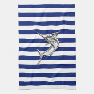 Marlin Swordfish Chrome Style on Nautical Stripes Tea Towel
