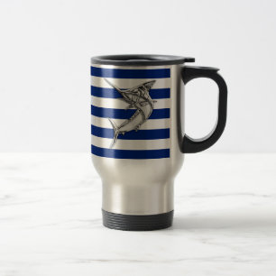 Marlin Swordfish Chrome Style on Nautical Stripes Travel Mug