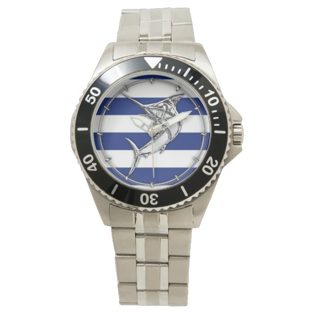 Marlin Swordfish on Nautical Blue Stripes Watch (Front)