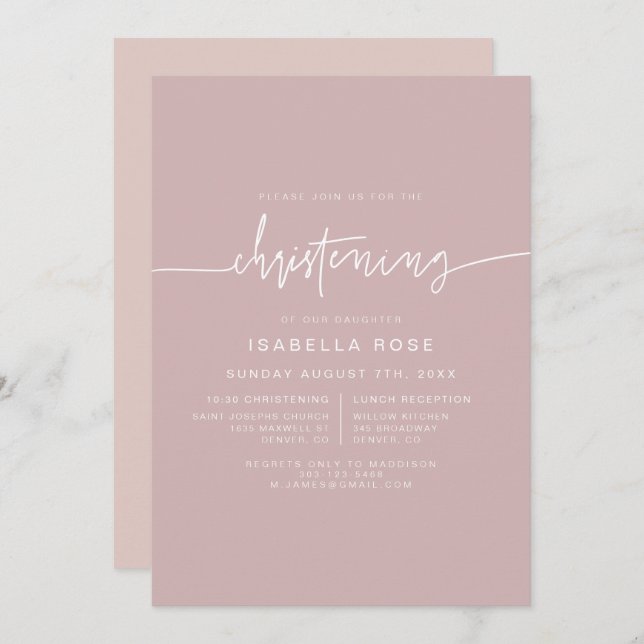 MARLO Boho Dusty Rose Pink Christening  Invitation (Front/Back)