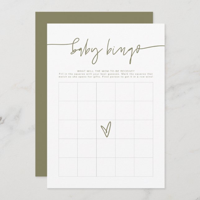 MARLO Boho Olive Green Baby Shower Bingo Game Invitation (Front/Back)