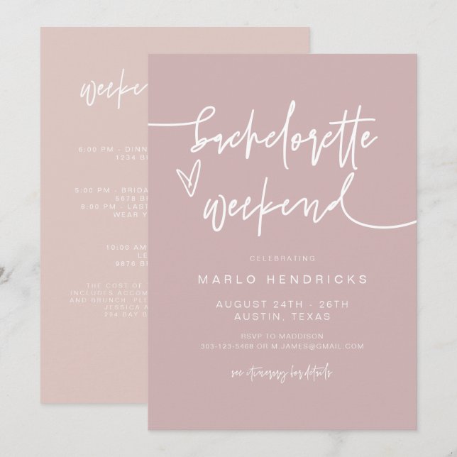 MARLO Dusty Rose Bachelorette Weekend Itinerary  Invitation (Front/Back)