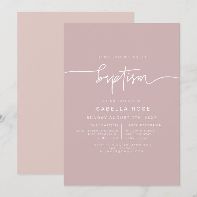 MARLO Dusty Rose Boho Pink Baptism Invitation (Front/Back)