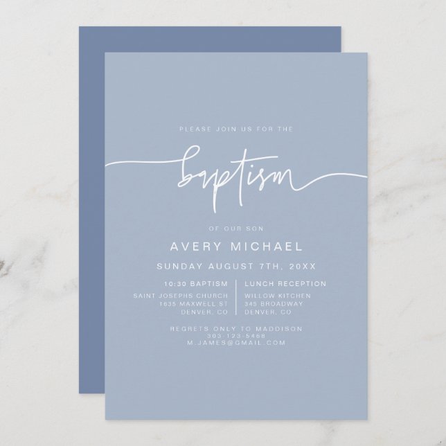 MARLO Modern Boho Dusty Blue Boy Baptism Invitation (Front/Back)