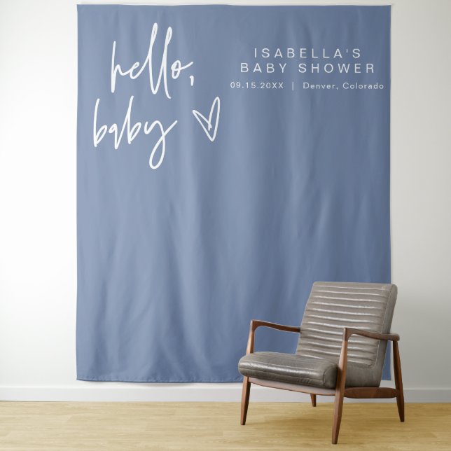 MARLO Modern Boho Hello Baby Blue Baby Shower Tapestry (In Situ)